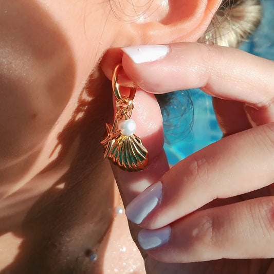 Elegant Gold Starfish & Shell Pearl Dangle Earrings
