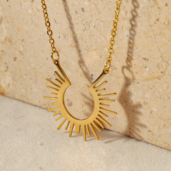 Gold-Plated Geometric Pendant Necklace – Stainless Steel Half-Circle Spike Choker